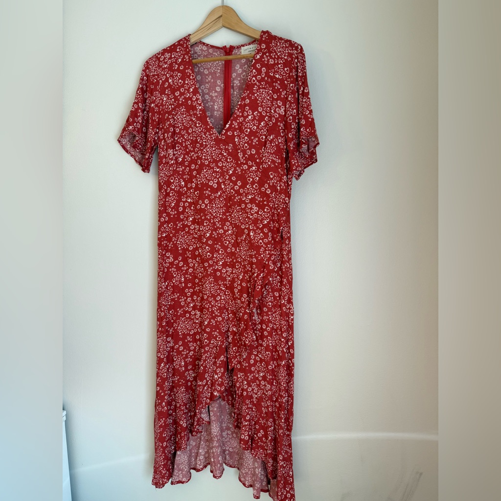 Nwt Saltwater Luxe Red White Floral Midi Dress Faux Wrap V Neck Size Medium